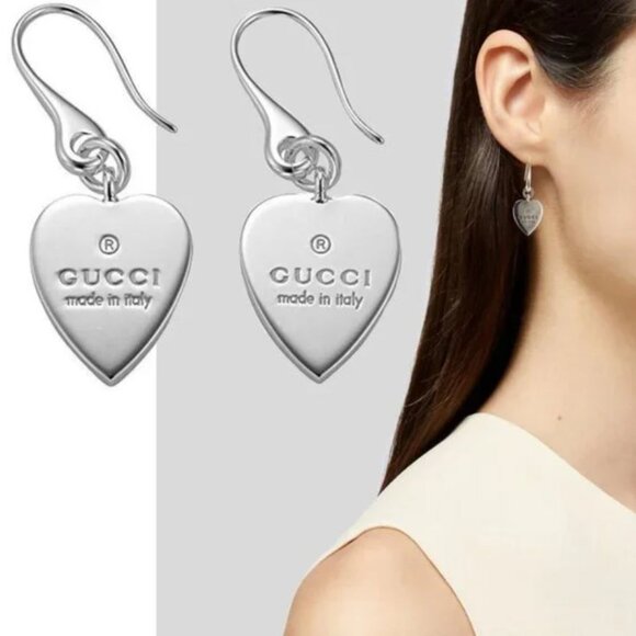 GUCCI TRADEMARK HEART 925 ST SILVER DROP EARRINGS - Picture 7 of 7